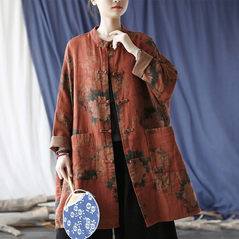Chaqueta abierta con botones y bolsillos, con estampado de flores de peonía naranja y Buddha Stones. - image 19