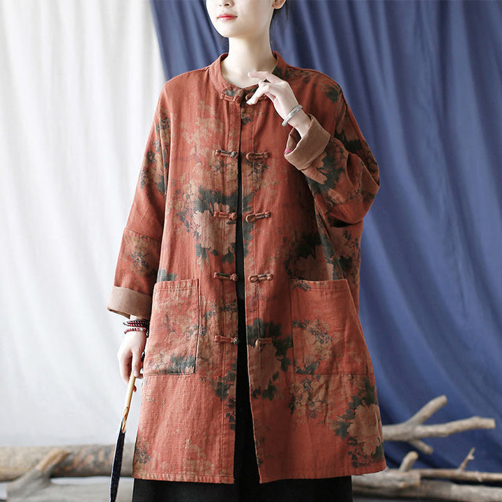 Chaqueta abierta con botones y bolsillos, con estampado de flores de peonía naranja y Buddha Stones. - image 18