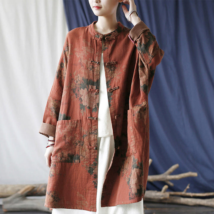 Chaqueta abierta con botones y bolsillos, con estampado de flores de peonía naranja y Buddha Stones. - image 25