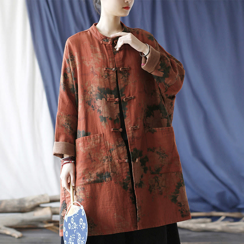 Chaqueta abierta con botones y bolsillos, con estampado de flores de peonía naranja y Buddha Stones. - image 1