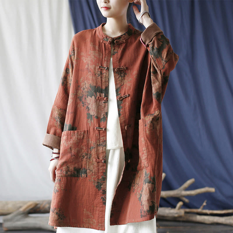 Chaqueta abierta con botones y bolsillos, con estampado de flores de peonía naranja y Buddha Stones. - image 25
