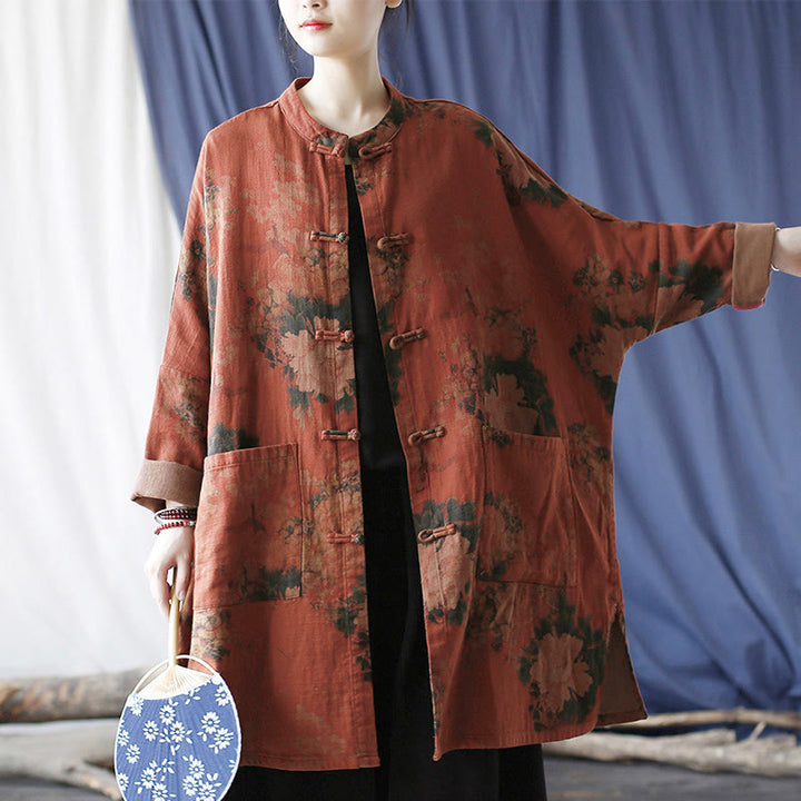 Chaqueta abierta con botones y bolsillos, con estampado de flores de peonía naranja y Buddha Stones. - image 14