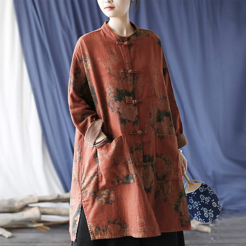 Chaqueta abierta con botones y bolsillos, con estampado de flores de peonía naranja y Buddha Stones. - image 24