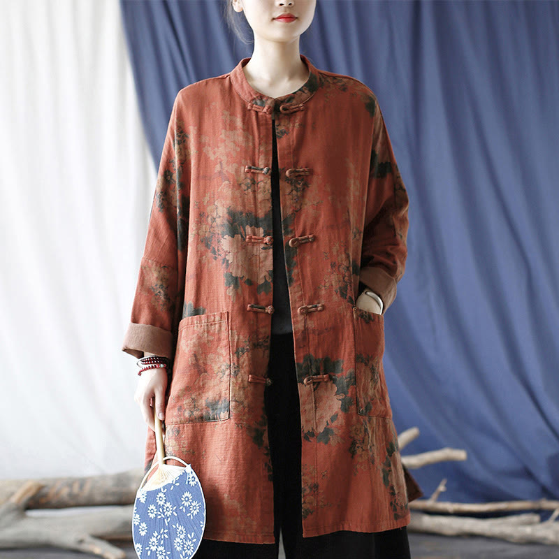 Chaqueta abierta con botones y bolsillos, con estampado de flores de peonía naranja y Buddha Stones. - image 16