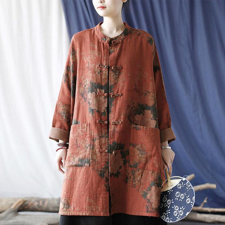 Chaqueta abierta con botones y bolsillos, con estampado de flores de peonía naranja y Buddha Stones. - image 22