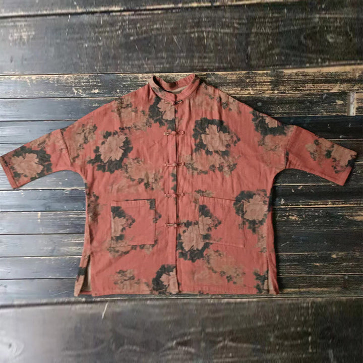 Chaqueta abierta con botones y bolsillos, con estampado de flores de peonía naranja y Buddha Stones. - image 12
