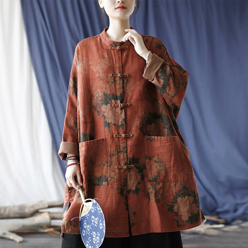 Chaqueta abierta con botones y bolsillos, con estampado de flores de peonía naranja y Buddha Stones. - image 17