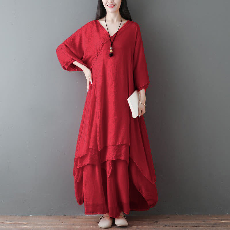 Vestido túnica midi con cuello en V y estampado de Buddha Stones, pantalones de pierna ancha, ropa para meditación, práctica zen y danza. - Conjunto de 2 piezas rojo (vestido y pantalón) - US12, UK/AU16, EU44 (2XL) - image 7