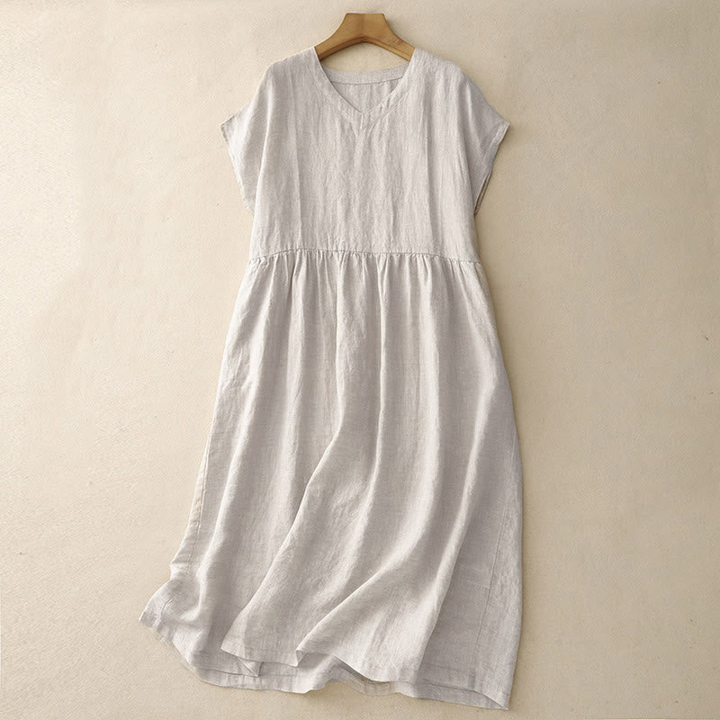 Vestido midi informal de manga corta con estampado de Buddha Stones, de color liso, diseño sencillo y cintura alta, con bolsillos. - Lino - US8-10，UK/AU12-14，EU40-42 (2XL) - image 0