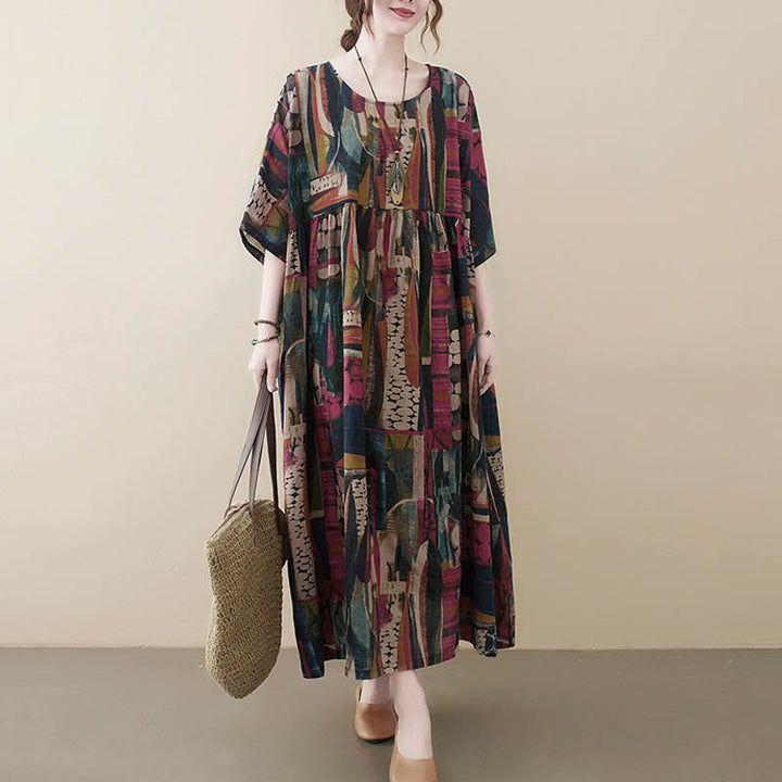 Vestido midi con Buddha Stones y gráficos coloridos, estilo túnica de manga corta con bolsillos. - image 2