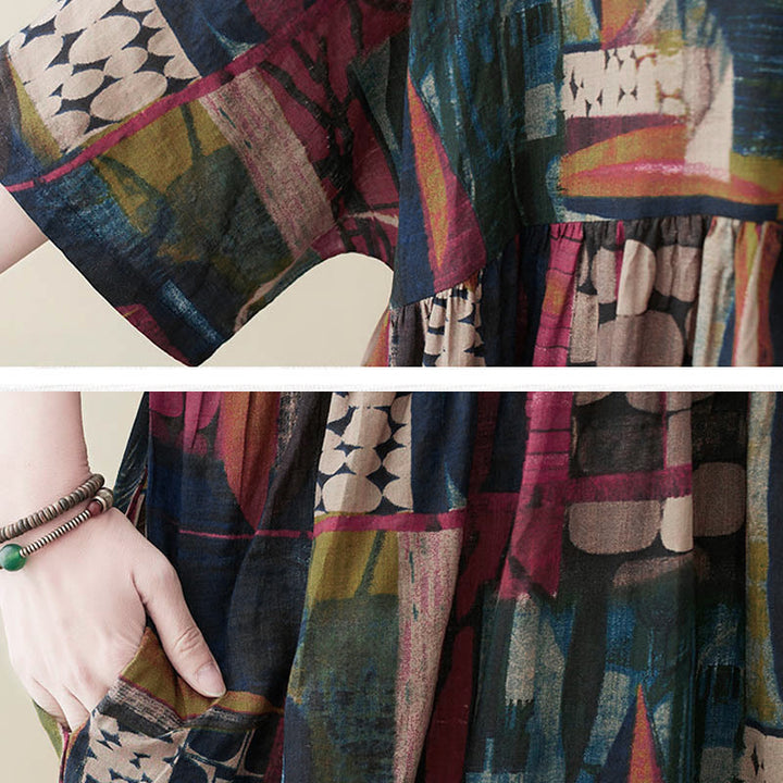 Vestido midi con Buddha Stones y gráficos coloridos, estilo túnica de manga corta con bolsillos. - image 9