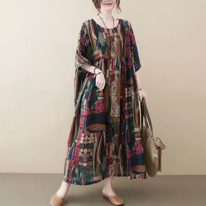 Vestido midi con Buddha Stones y gráficos coloridos, estilo túnica de manga corta con bolsillos. - image 1