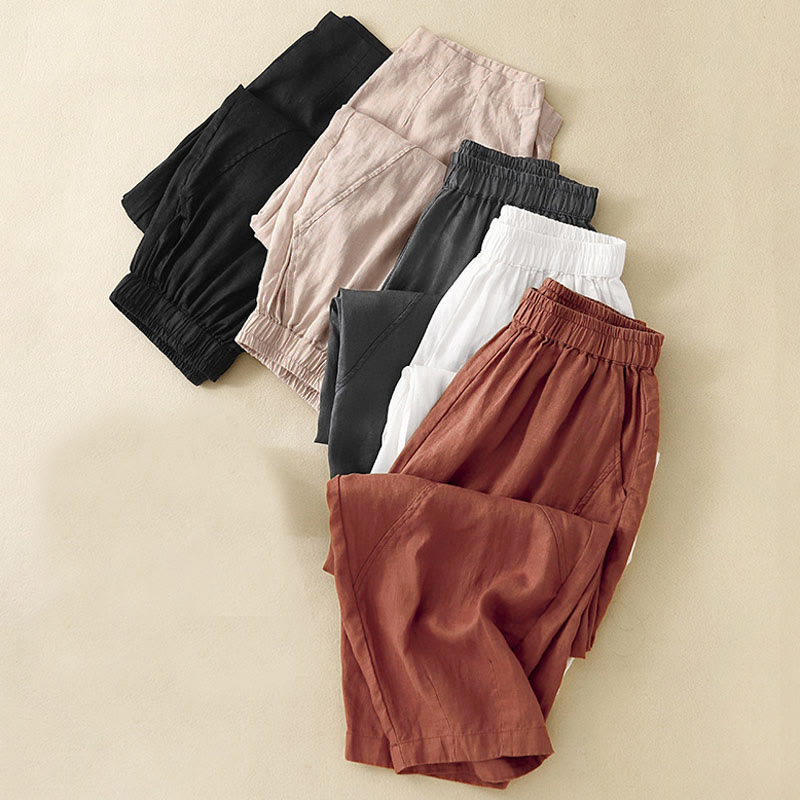 Pantalones cortos casuales lisos con Buddha Stones para mujer, estilo harem de lino con bolsillos. - image 30