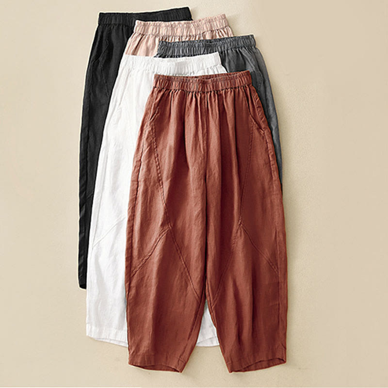 Pantalones cortos casuales lisos con Buddha Stones para mujer, estilo harem de lino con bolsillos. - image 29