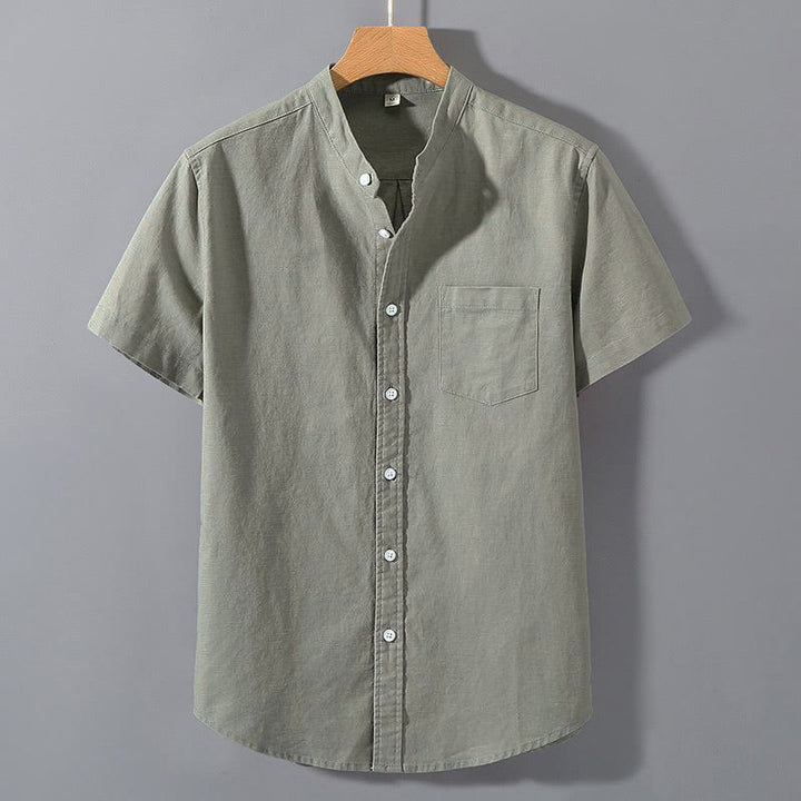 Camisa de manga corta de algodón y lino con botones para hombre , Buddha Stones para el verano. - Verde mar oscuro - US/UK/AU42, EU52 (3XL)  - image 0