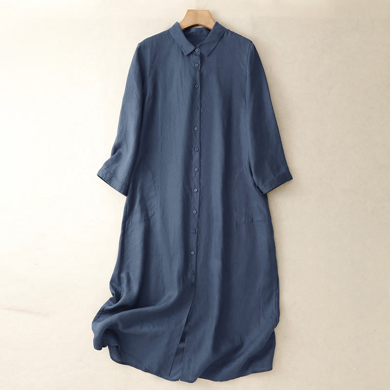 Vestido largo hasta la rodilla con botones y diseño sencillo de Buddha Stones para el día a día. - Azul medianoche - US8-10，UK/AU12-14，EU40-42 (2XL) - image 1