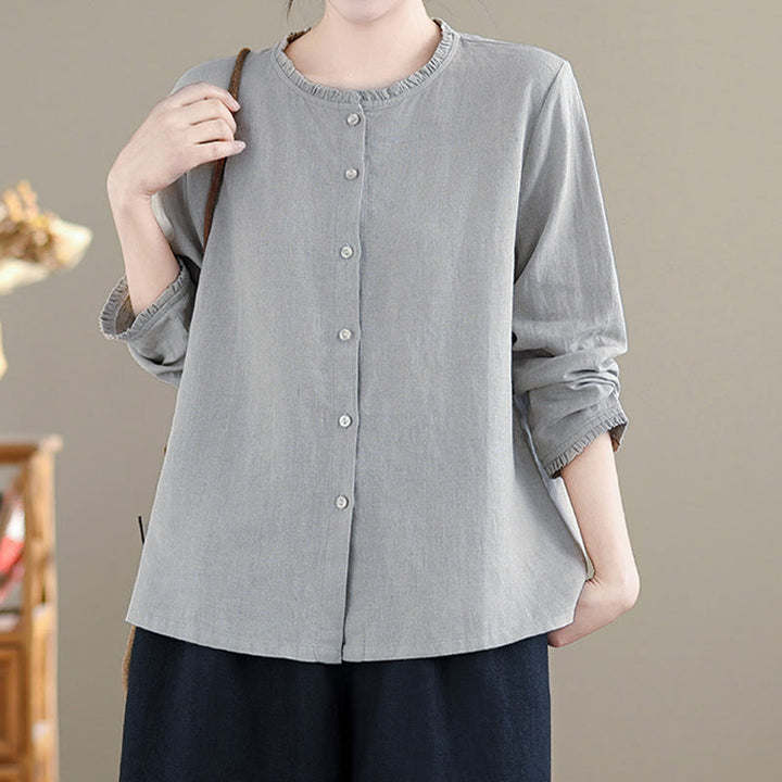 Camisa de mujer con cuello redondo y volantes, diseño de botones de color liso y Buddha Stones para primavera. - image 9