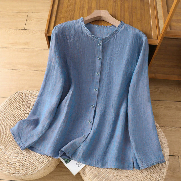 Camisa de mujer con cuello redondo y volantes, diseño de botones de color liso y Buddha Stones para primavera. - Azul aciano - US14，UK/AU18，EU46 (2XL) - image 16