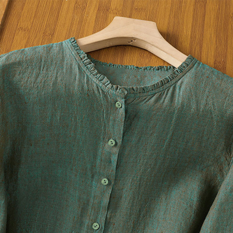 Camisa de mujer con cuello redondo y volantes, diseño de botones de color liso y Buddha Stones para primavera. - image 1