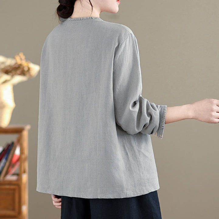 Camisa de mujer con cuello redondo y volantes, diseño de botones de color liso y Buddha Stones para primavera. - image 8