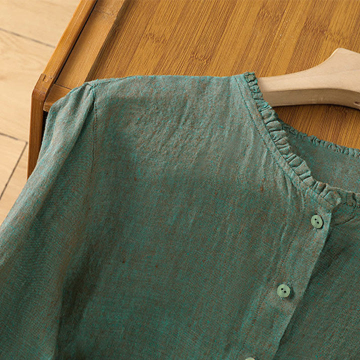 Camisa de mujer con cuello redondo y volantes, diseño de botones de color liso y Buddha Stones para primavera. - image 2