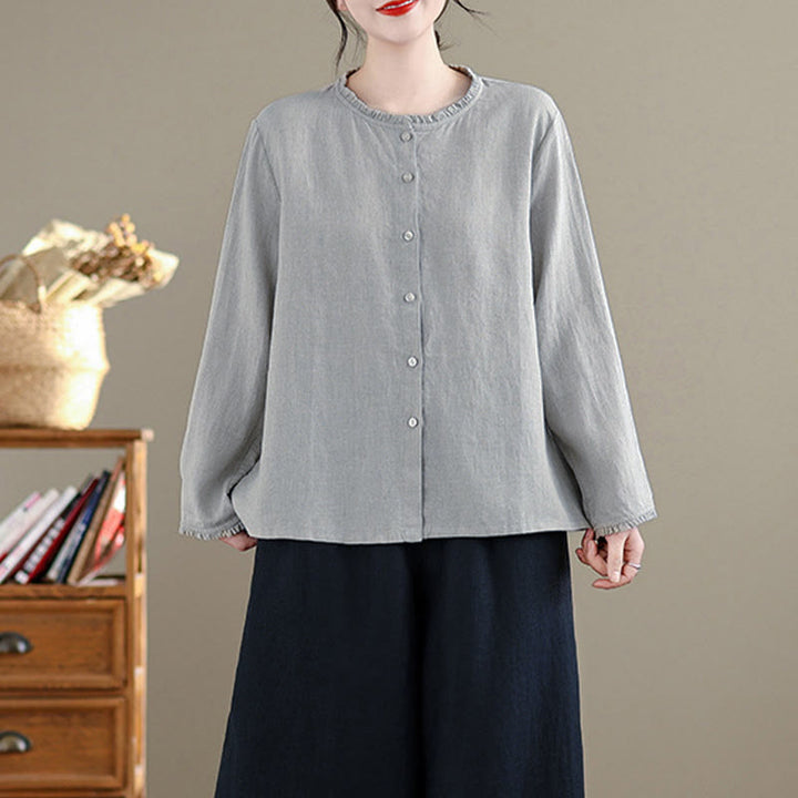 Camisa de mujer con cuello redondo y volantes, diseño de botones de color liso y Buddha Stones para primavera. - image 12