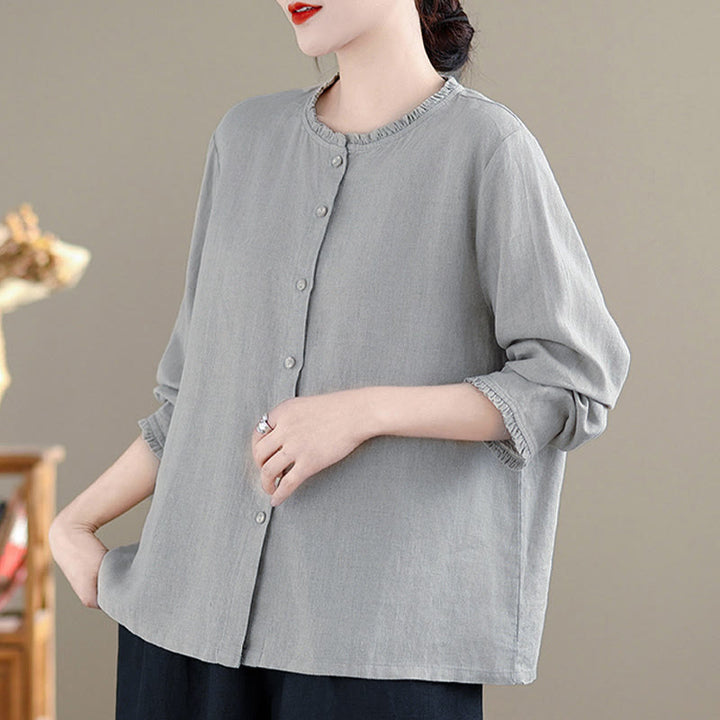 Camisa de mujer con cuello redondo y volantes, diseño de botones de color liso y Buddha Stones para primavera. - image 11