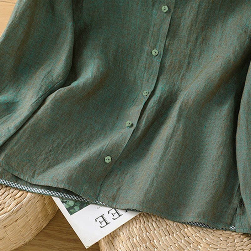Camisa de mujer con cuello redondo y volantes, diseño de botones de color liso y Buddha Stones para primavera. - image 4