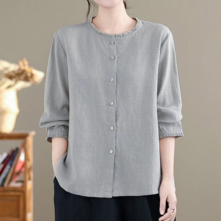 Camisa de mujer con cuello redondo y volantes, diseño de botones de color liso y Buddha Stones para primavera. - image 6