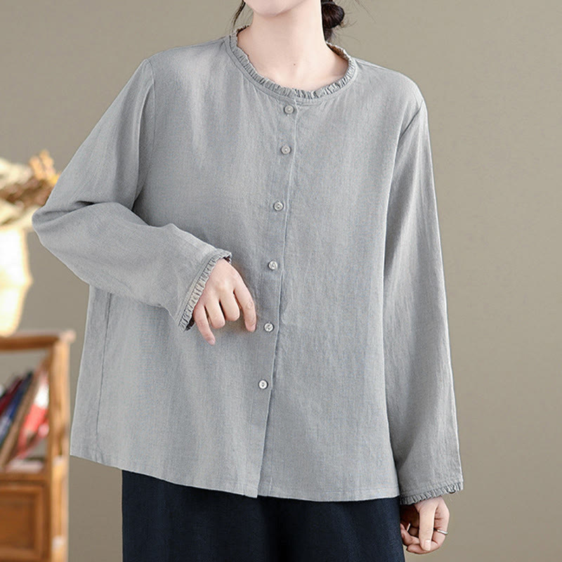 Camisa de mujer con cuello redondo y volantes, diseño de botones de color liso y Buddha Stones para primavera. - image 10