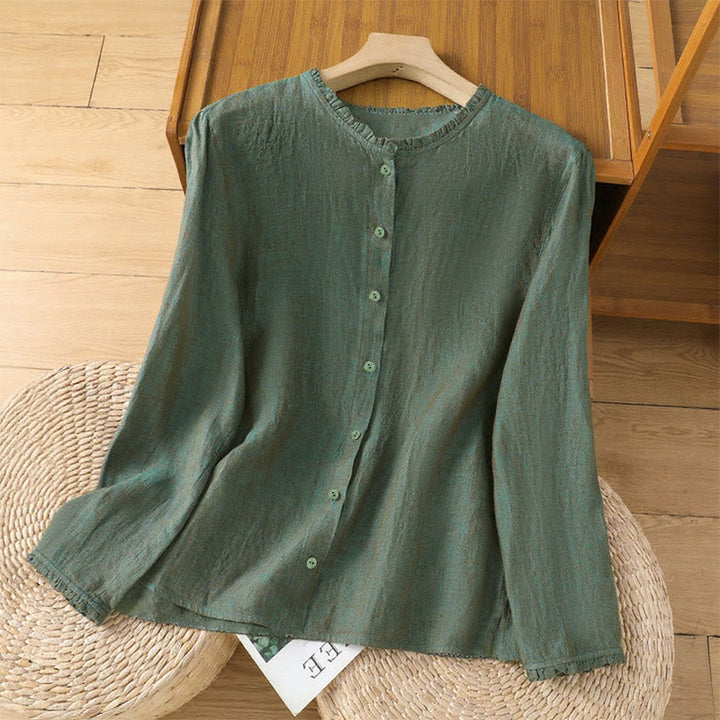Camisa de mujer con cuello redondo y volantes, diseño de botones de color liso y Buddha Stones para primavera. - Verdemar - US14，UK/AU18，EU46 (2XL) - image 0