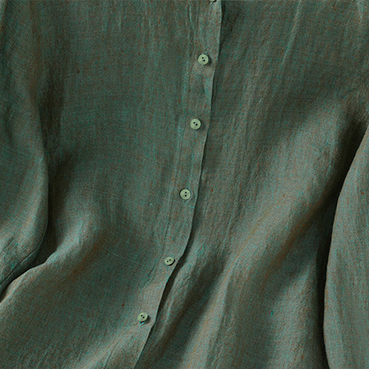 Camisa de mujer con cuello redondo y volantes, diseño de botones de color liso y Buddha Stones para primavera. - image 3
