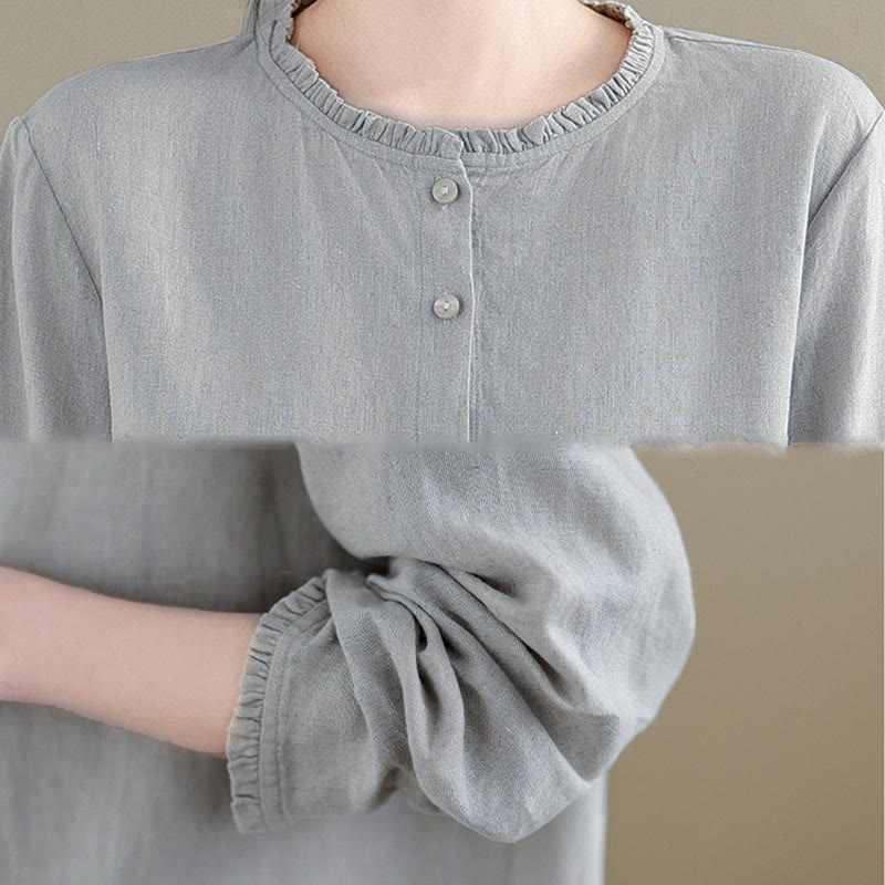 Camisa de mujer con cuello redondo y volantes, diseño de botones de color liso y Buddha Stones para primavera. - image 15