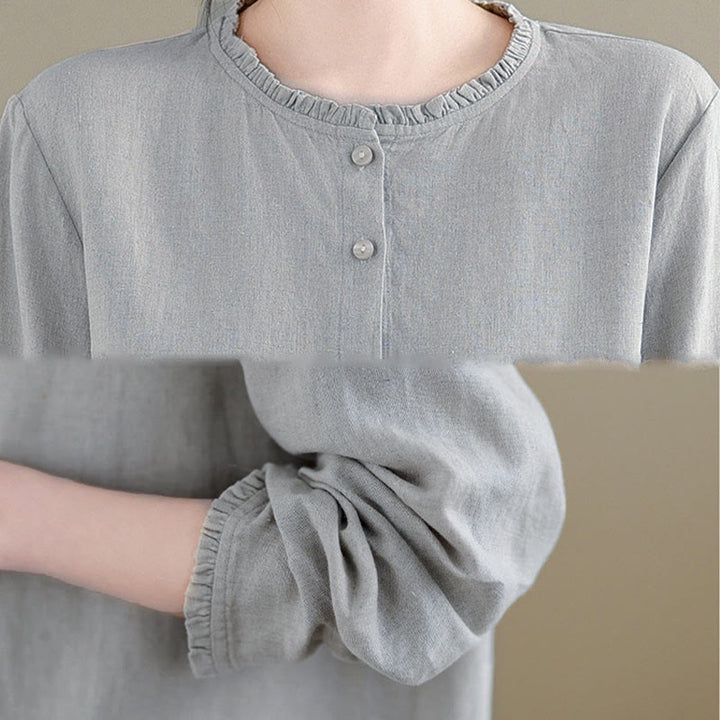 Camisa de mujer con cuello redondo y volantes, diseño de botones de color liso y Buddha Stones para primavera. - image 15