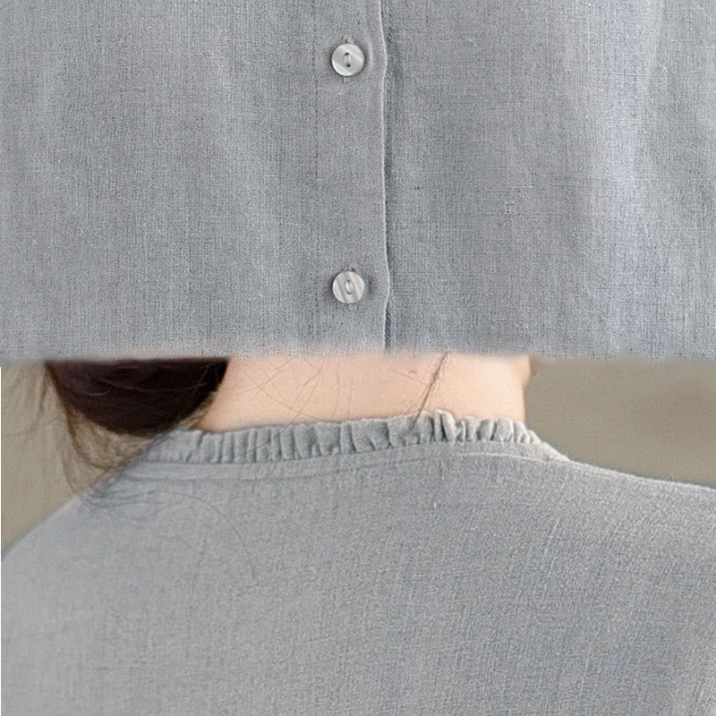 Camisa de mujer con cuello redondo y volantes, diseño de botones de color liso y Buddha Stones para primavera. - image 14