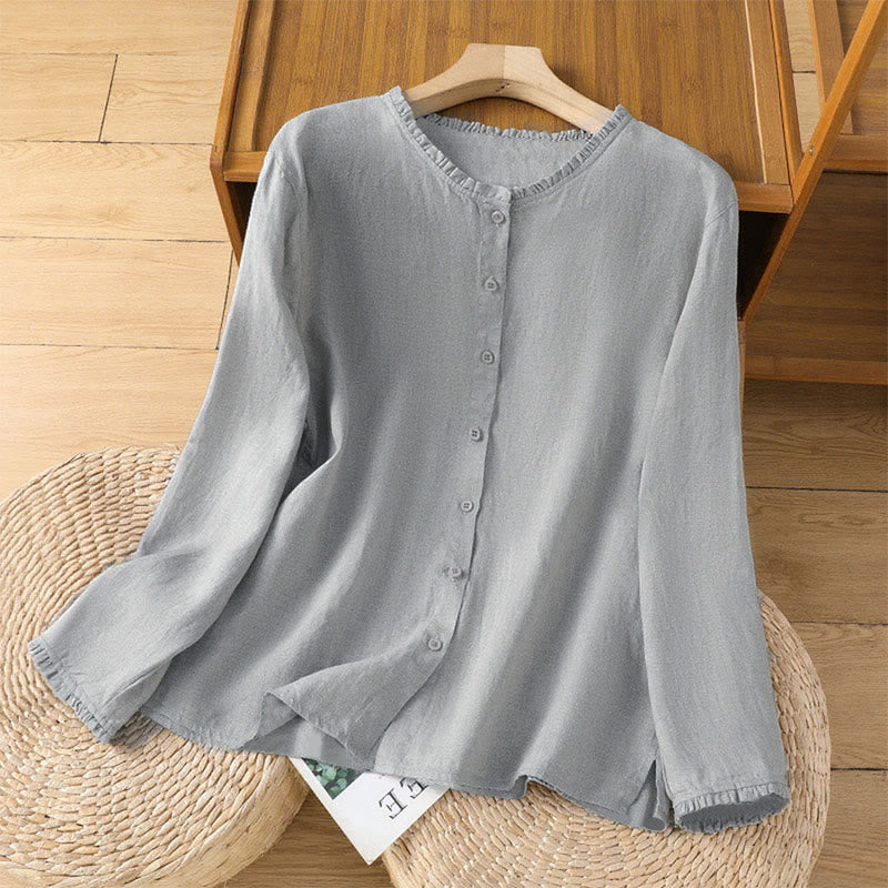 Camisa de mujer con cuello redondo y volantes, diseño de botones de color liso y Buddha Stones para primavera. - Plata - US14，UK/AU18，EU46 (2XL) - image 5