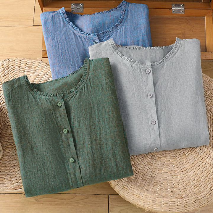 Camisa de mujer con cuello redondo y volantes, diseño de botones de color liso y Buddha Stones para primavera. - image 20