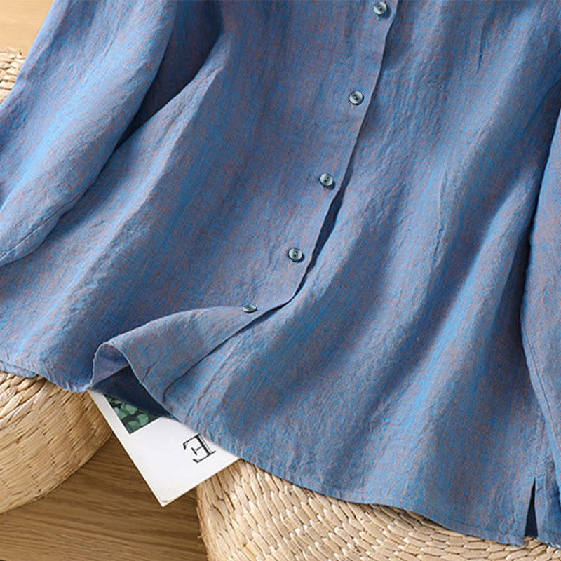 Camisa de mujer con cuello redondo y volantes, diseño de botones de color liso y Buddha Stones para primavera. - image 18