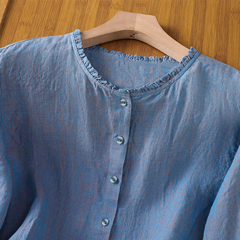 Camisa de mujer con cuello redondo y volantes, diseño de botones de color liso y Buddha Stones para primavera. - image 17