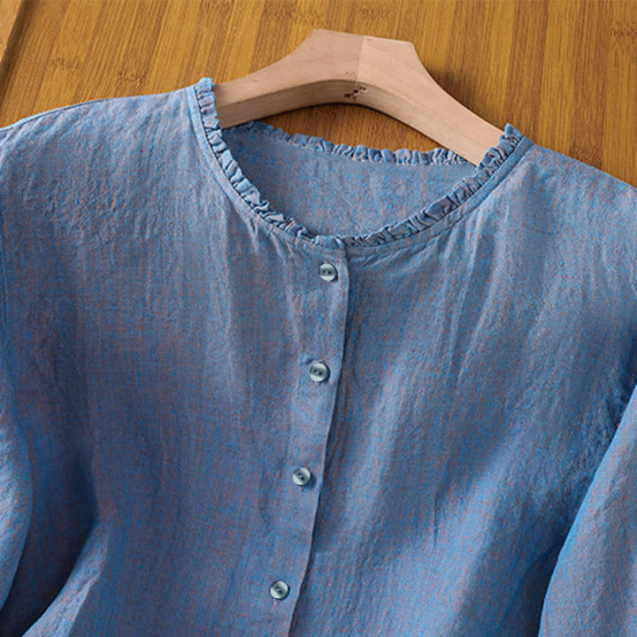 Camisa de mujer con cuello redondo y volantes, diseño de botones de color liso y Buddha Stones para primavera. - image 17