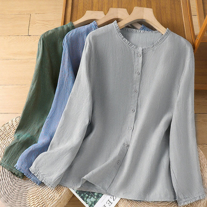 Camisa de mujer con cuello redondo y volantes, diseño de botones de color liso y Buddha Stones para primavera. - image 19