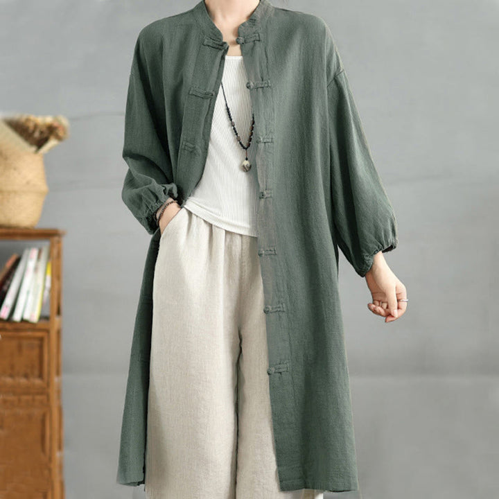Abrigo informal de mujer con botones de rana y bolsillos, estampado de Buddha Stones. - image 10