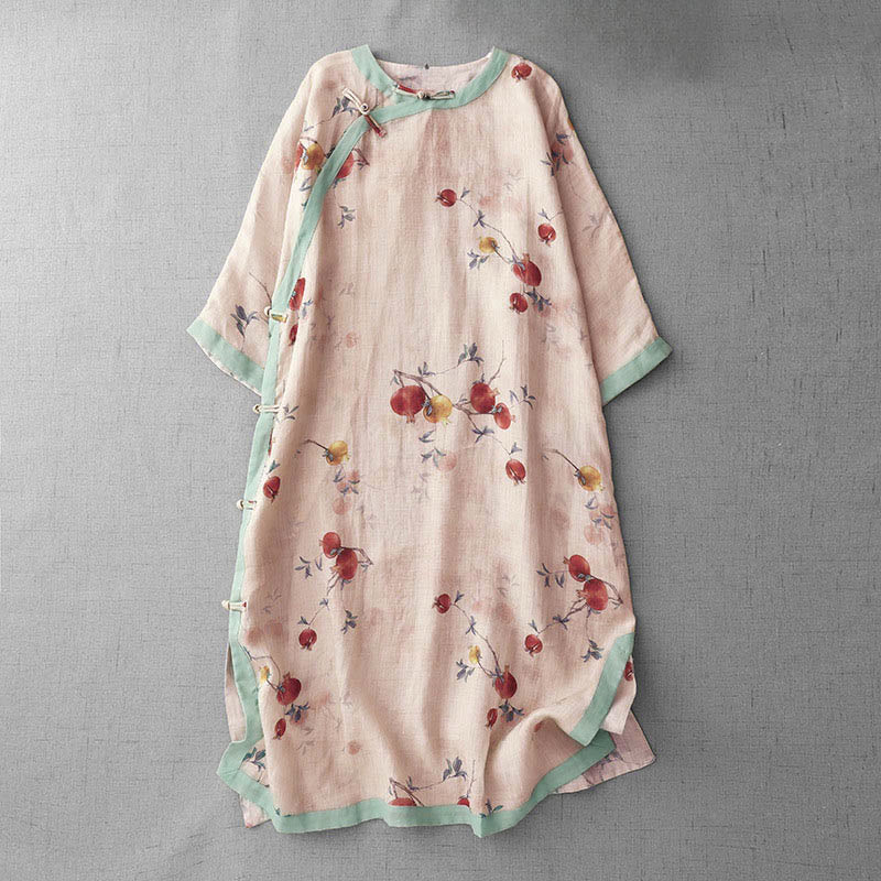 Vestido midi de manga corta con estampado de flores de granada, orquídeas y botones de rana, con abertura lateral y diseño de Buddha Stones. - PeachPuff - US12, UK/AU16, EU44 (2XL) - image 1