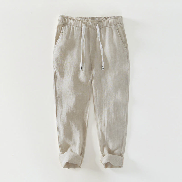 Pantalones de lino para hombre, largos hasta el tobillo, con bolsillos, de la Buddha Stones Fall Solid, con cordón ajustable y cintura elástica. - Beige - US/UK/AU44, EU54 (4XL) - image 0