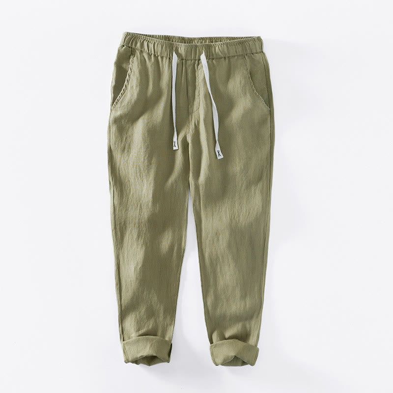 Pantalones de lino para hombre, largos hasta el tobillo, con bolsillos, de la Buddha Stones Fall Solid, con cordón ajustable y cintura elástica. - Verde amarillento - US/UK/AU44, EU54 (4XL) - image 21