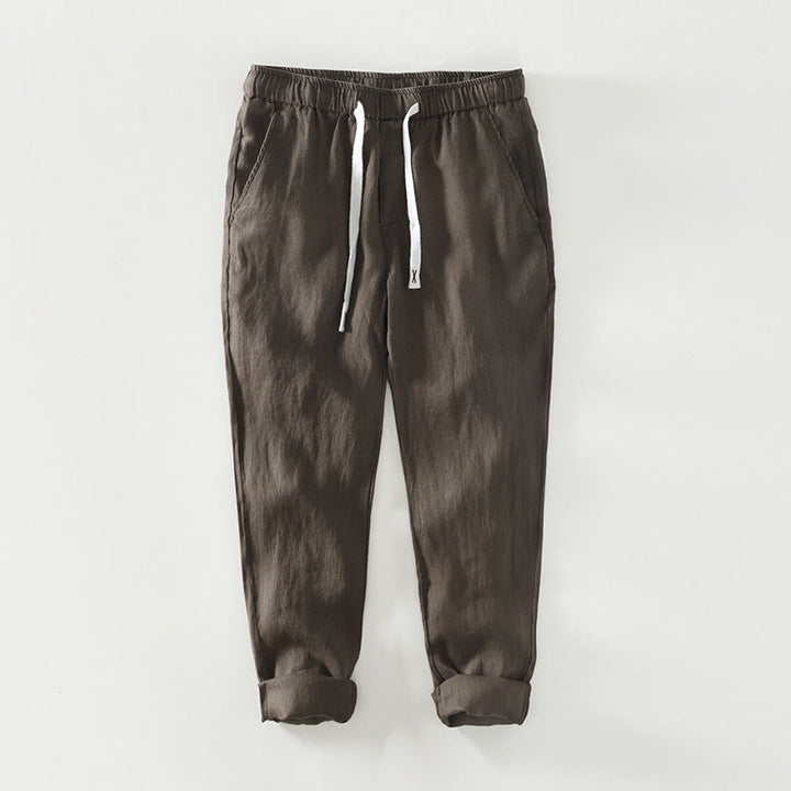Pantalones de lino para hombre, largos hasta el tobillo, con bolsillos, de la Buddha Stones Fall Solid, con cordón ajustable y cintura elástica. - Tierra de siena - US/UK/AU44, EU54 (4XL) - image 12