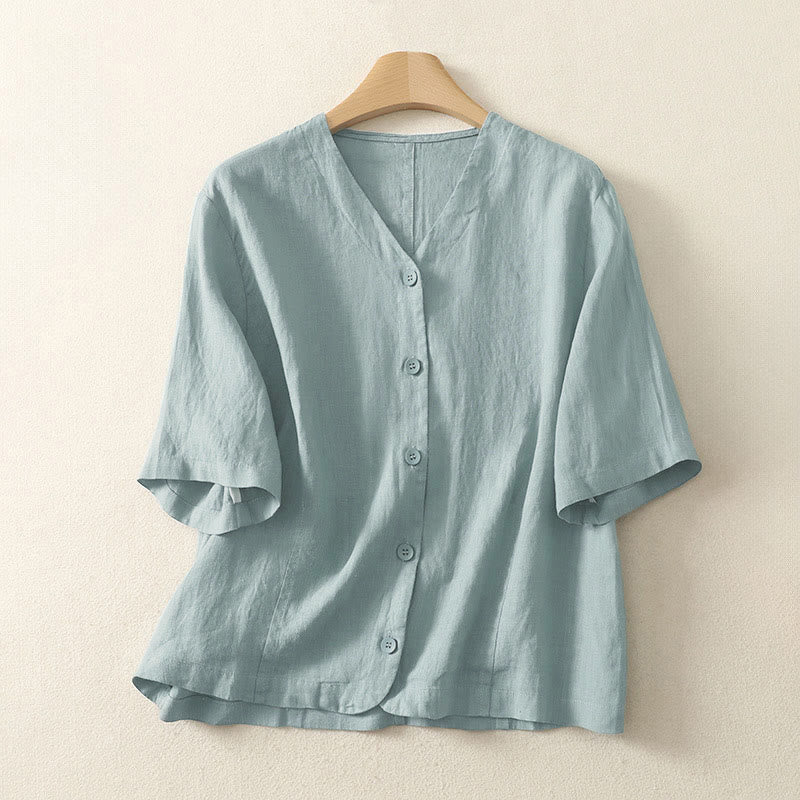 Camisa de manga corta para mujer con cuello en V, botones y diseño sencillo, color liso, con estampado de Buddha Stones. - Turquesa medio - US8-10，UK/AU12-14，EU40-42 (2XL) - image 0