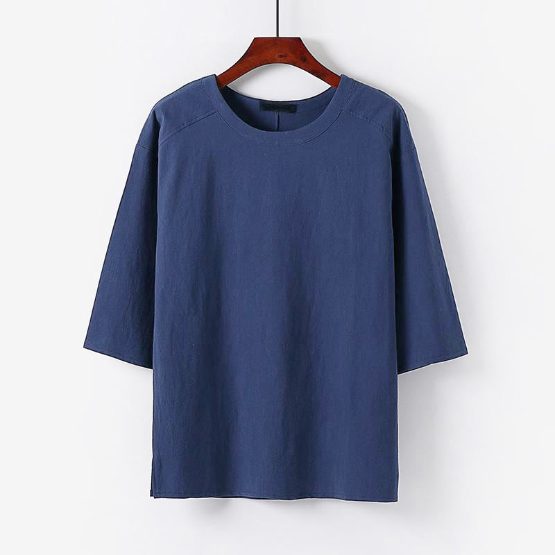 Camiseta de manga tres cuartos de algodón y lino para hombre, estilo casual de verano, con cuello redondo y estampado de Buddha Stones. - Azul acero - US/UK/AU54, EU64 (9XL) - image 8