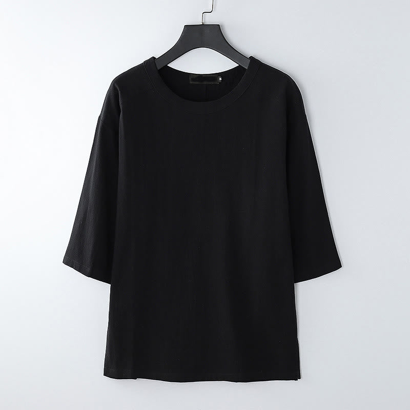 Camiseta de manga tres cuartos de algodón y lino para hombre, estilo casual de verano, con cuello redondo y estampado de Buddha Stones. - Negro - US/UK/AU54, EU64 (9XL) - image 7