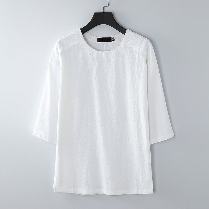 Camiseta de manga tres cuartos de algodón y lino para hombre, estilo casual de verano, con cuello redondo y estampado de Buddha Stones. - Blanco - US/UK/AU54, EU64 (9XL) - image 9